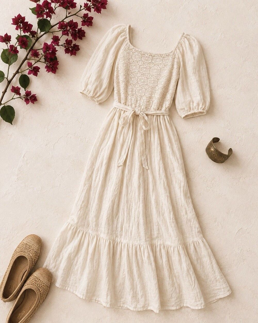 Luxology Cream Lace Maxi Dress Medium Puff Sleeve Boho